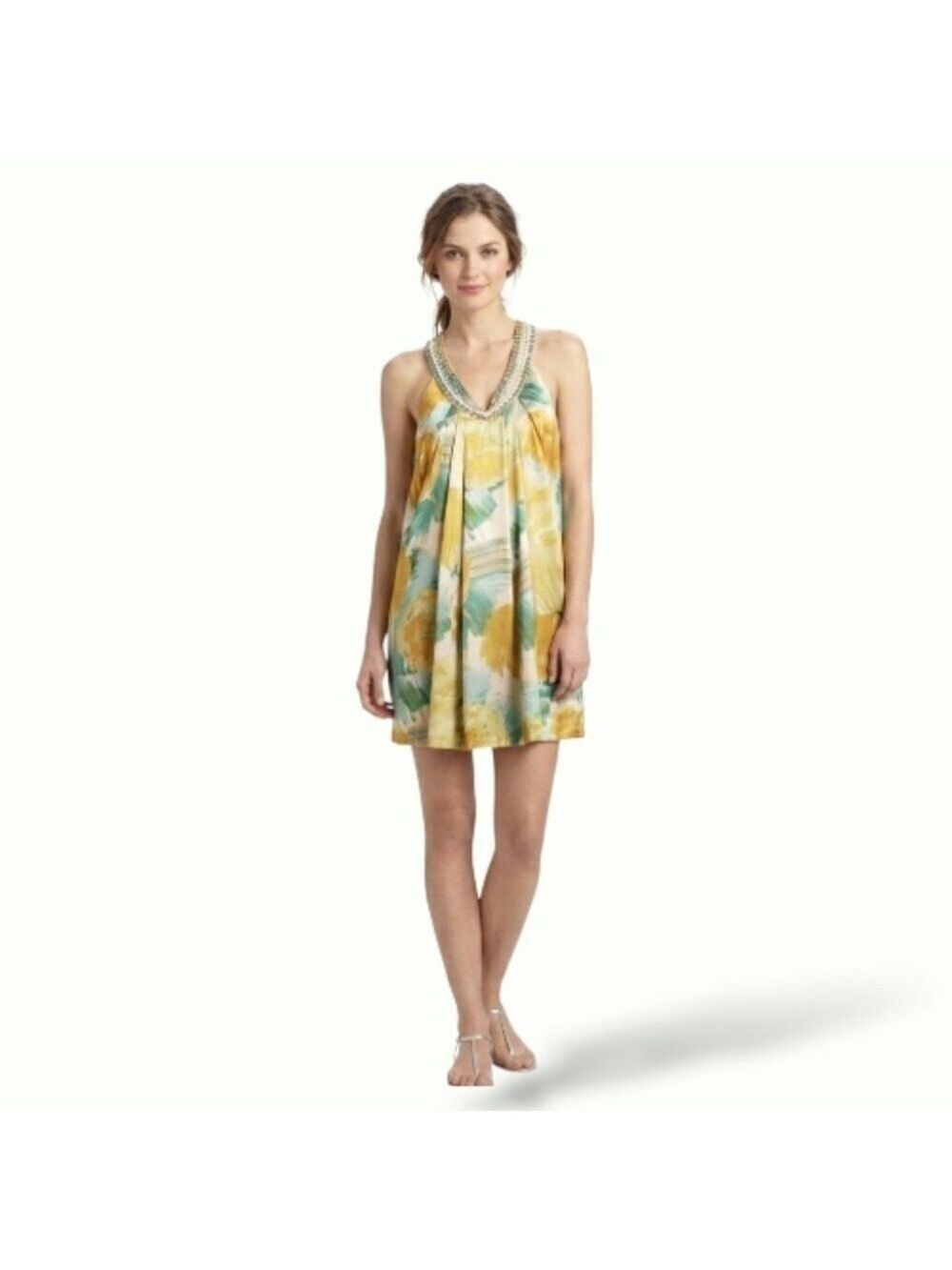 BCBGMAXAZRIA 100% Silk Floral Beaded Mini Dress Halter Neck US Sz S